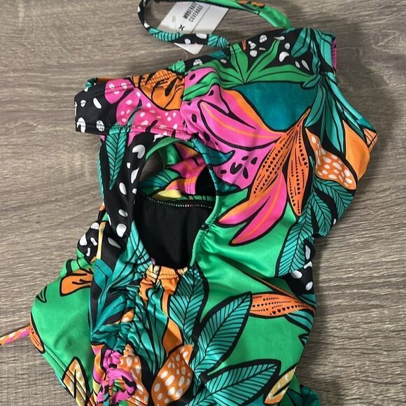New Hurley Women's Colorful Tropical Print Cutout Adjustable Moderate Swimsuit - Picture 4 of 6